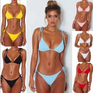 Custom Women Bandeau Two Piece High Waist V-Neck Solid Bikini with Belt Set Spandex/Polyester Knitted Quick Dry Stretch