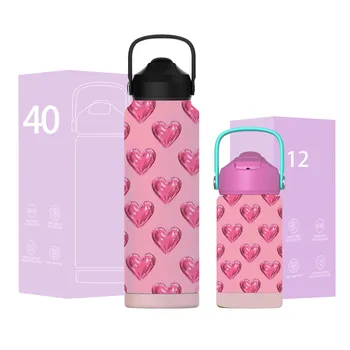 Stainless Steel Water Bottle Set Large 40oz 12oz Flask Portable Vacuum Drinking Bottle With Straw For Parents  And Children