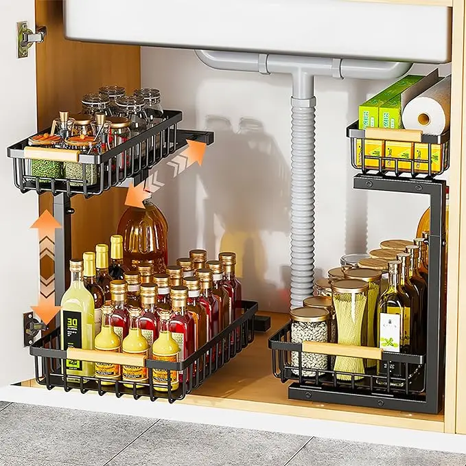 Under-sink Organiser, 2 Level Pull-out Design, Height Adjustable to Suit Items Required,storage for Both Kitchen and Bathroom