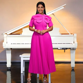 AM040326 US Local Stock Rose Short Sleeve a Line High Waist Pleated Maxi Evening Gown Dress Elegant