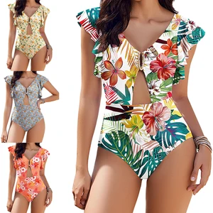 Women's Underwire Tummy Control Plus Size High Waist V-Neck Ruffle Cutout Floral Print Quick Dry One-Piece Swimsuit