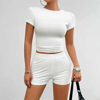 Women Slim-fit T-Shirt Shorts 2 Pieces Crop Tops Fashion High Elastic Soft Breathable Comfortable Clothes Casual Shorts Set