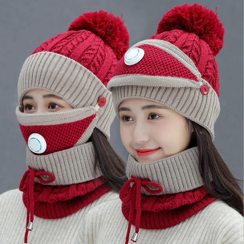Fleece Lined Women Beanie Knit Hat Winter Scarf Mask Set display picture 1