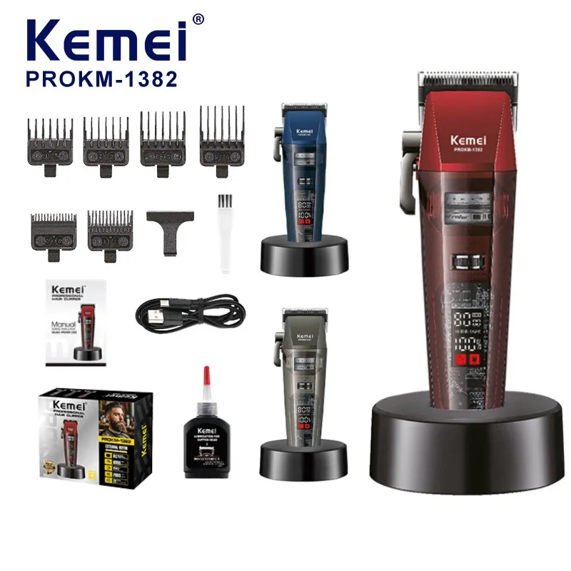 Tondeuse à cheveux KEMEI PROKM-1382, moteur à rotor externe 8000 tr/min, lame céramique DLC réglable, batterie 2000 mAh, station de charge USB, appareil d’épilation, vente en vrac