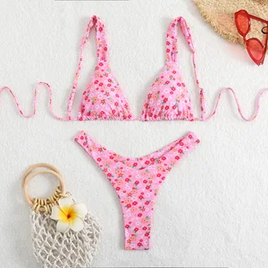 Women Sexy Floral Halter Bikini Set Two Piece Swimsuit Tie Straps Cheeky Split Swimwear