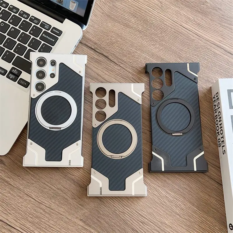 Magnetic Aluminum Metal Frameless Carbon Fiber Back Case for Samsung Galaxy S25 S24 S23 S22 Ultra Built-in 360 Rotating Holder