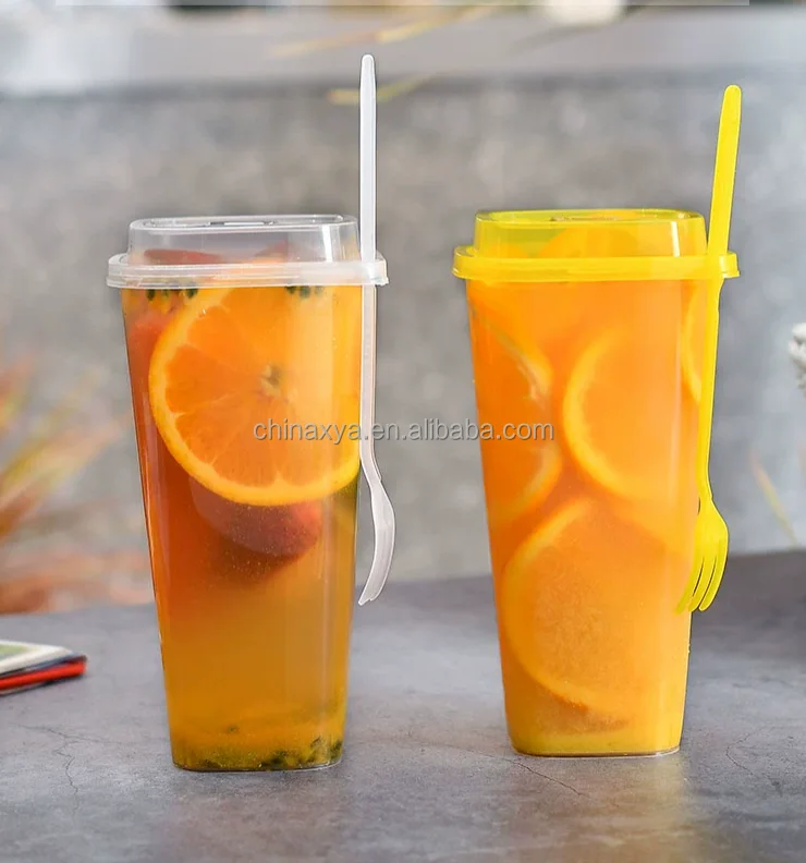 Square Shape Injection PP Plastic fruit salad cup with fork Plastic Bubble Tea Boba PP Cup with Lid supplier