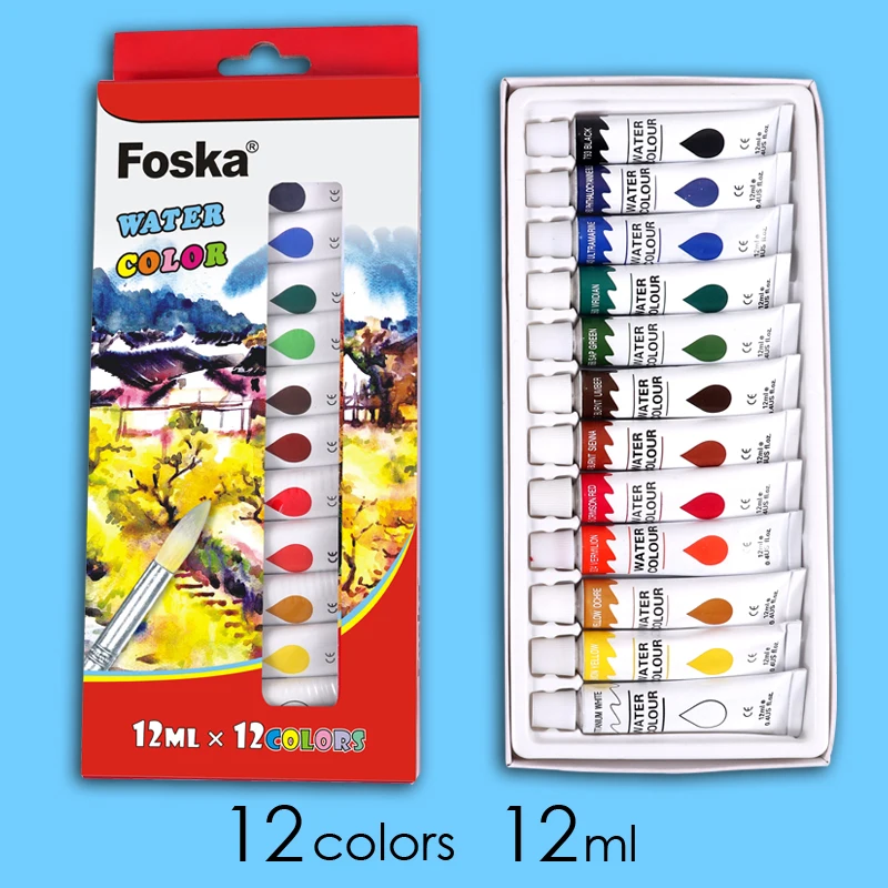 Foska 12 Colors X 12ml Non Toxic 12pcs Water Color Paint Set for Students Water Color Painting for Artists