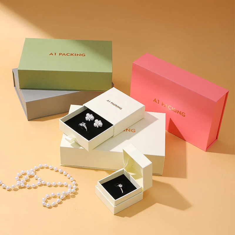 Premium Square Magnetic Snap Closure Cardboard Jewelry Box Drawer Box Set Custom Jewelry Earrings Necklace Storage Book Shaped details