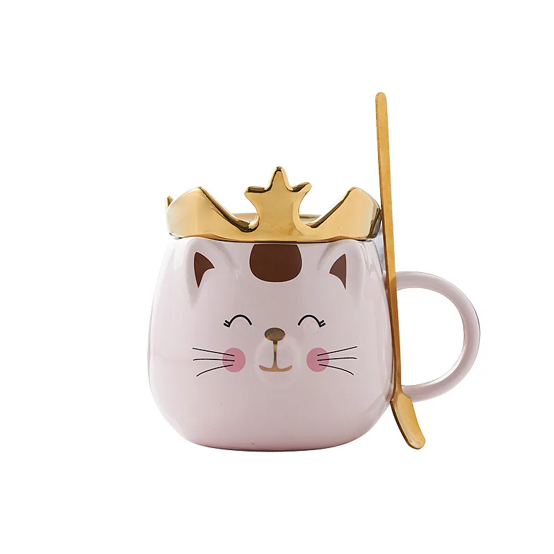 Creative Crown Cute Cat with Lid and Spoon Coffee Cup High Temperature Ceramic Mug