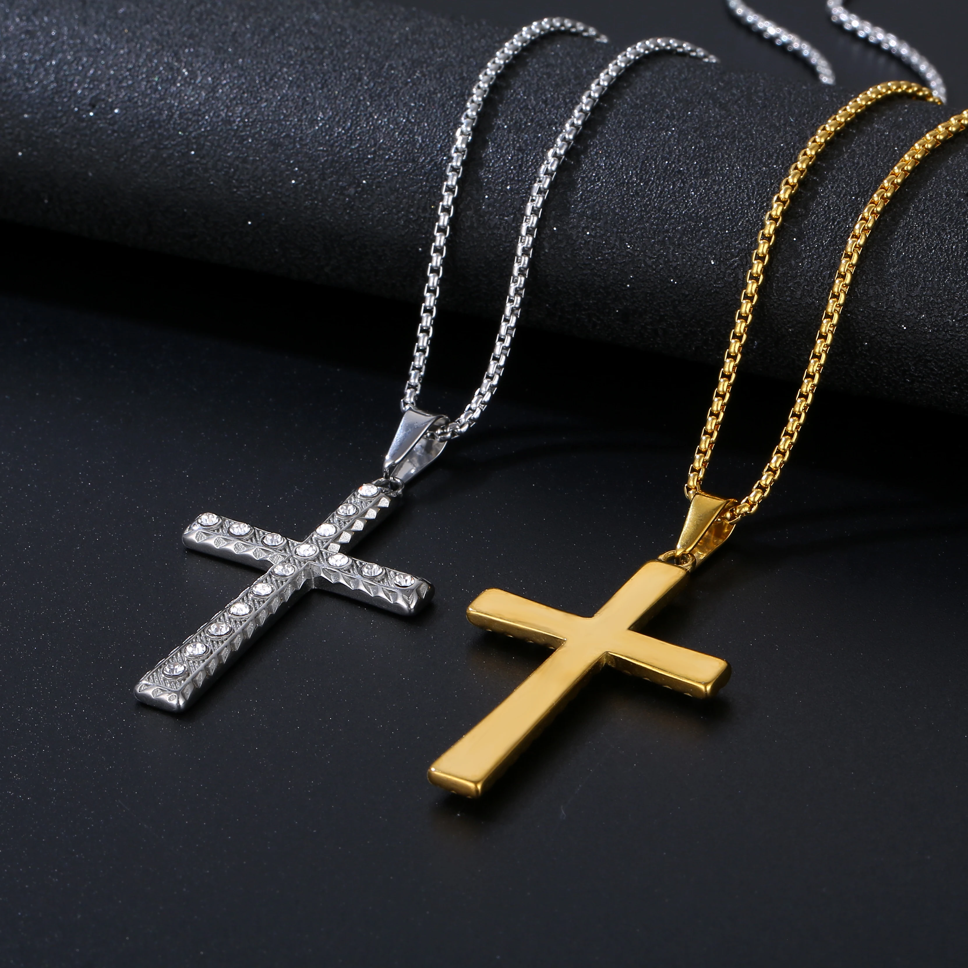 Hiphops Rhinestone Cz Gold Cross Christ Pendant Necklace for Men Women  Stainless Steel Iced Out Tennis Cross Necklace Jewelry