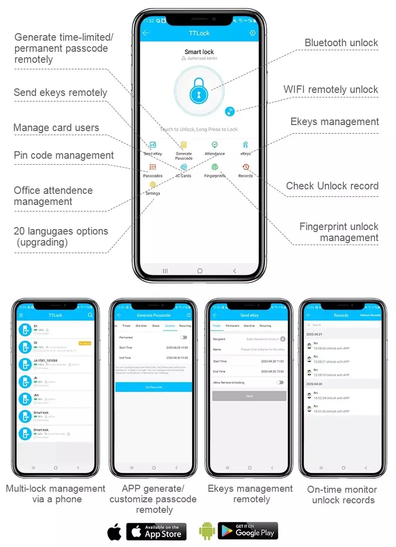 Grade C Lock Cylinder Smart Door Lock with 2 Years Warranty and 30-90mm Door Thickness