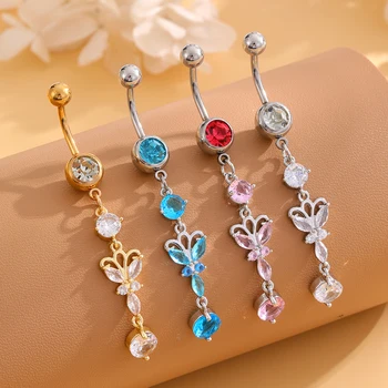 10Pcs/Set New Design Multi-Color Collocation Butterfly Dangle Belly Button Ring Stainless Steel Navel Ring Piercing Jewelry