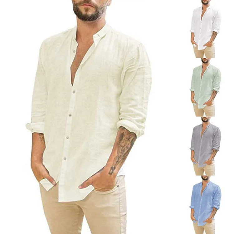 New Fashion Men's  linen cardigan solid color casual long sleeve shirt with standing collar