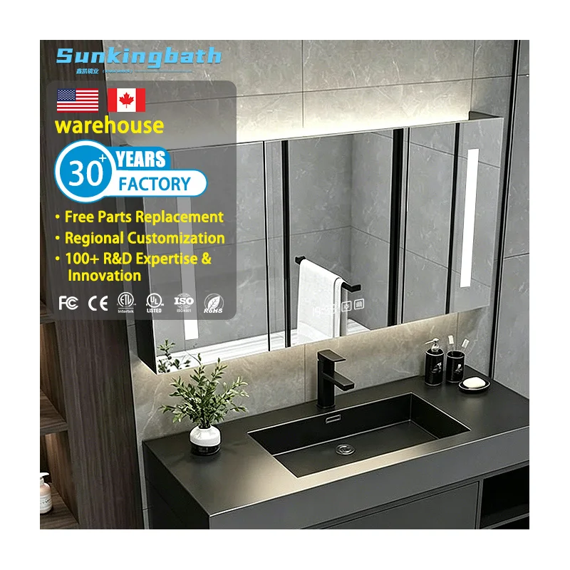 Led Lighted Medicine Cabinet Aluminum Bathroom Cabinet Modern Luxury Rectangle for Bathroom Vanity Cabinets Set with Lighting