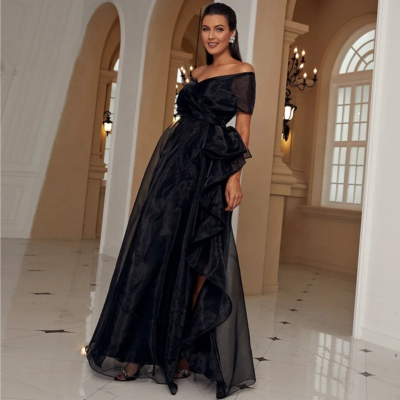 blue dress for baby girl Meliora Elegant Black Off-Shoulder Ruffles Evening Dress Xs