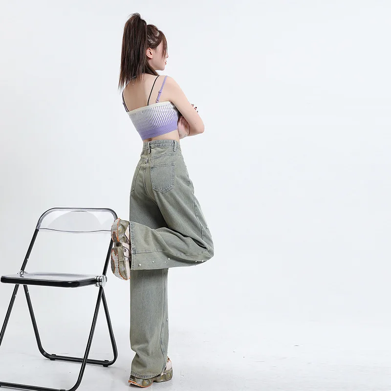 Fashion Women's Heavy Craft Pearl High Waist Straight Wide Leg Denim Pants