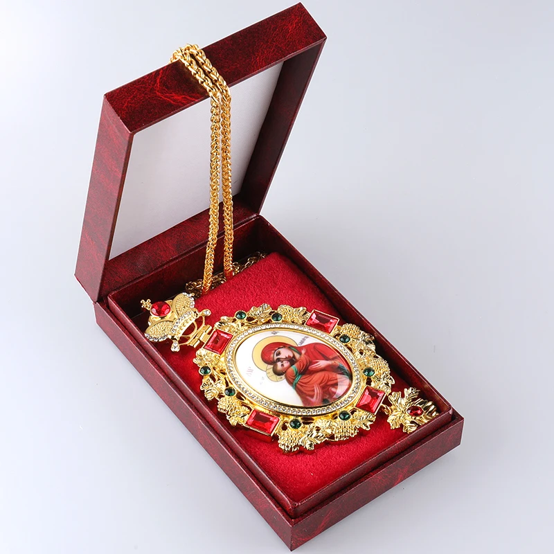 ZD052 Greek Spiritual Gift Box Packing Orthodox  Pectoral Cross and Panagia Gold Plated Necklace Grape Vine Design