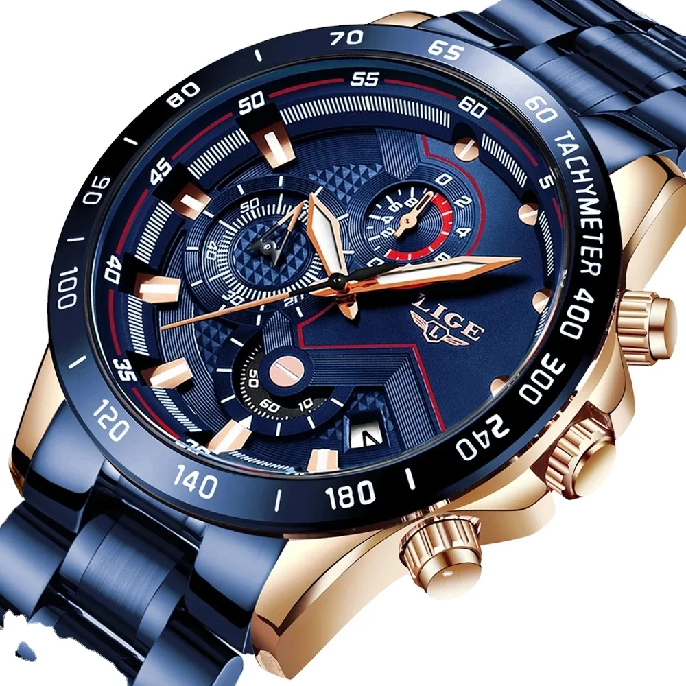 デオシーク Lige 9982 Luxury Brand Mens Quartz Watch - Stainless Steel Chronograph