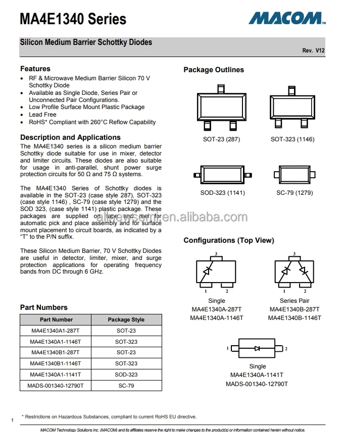 You can contact me for the best price MA4E1340A1-1141T RF Diode Schottky - Single 70V 200 mA 250 mW SOD-323 Hot sale Original