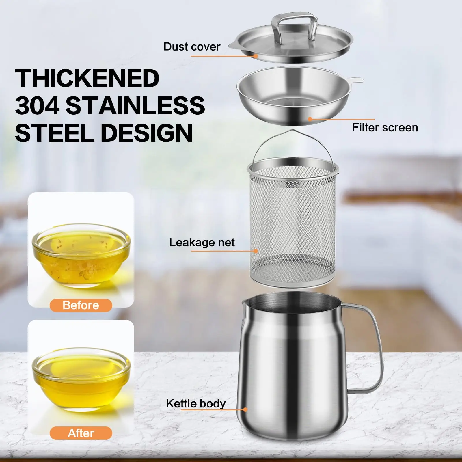 2 in 1 Oil Strainer Pot Heavy Duty Frying Net Cooking Oil Container 304 Stainless Steel Oil Filter Pot With Strainer