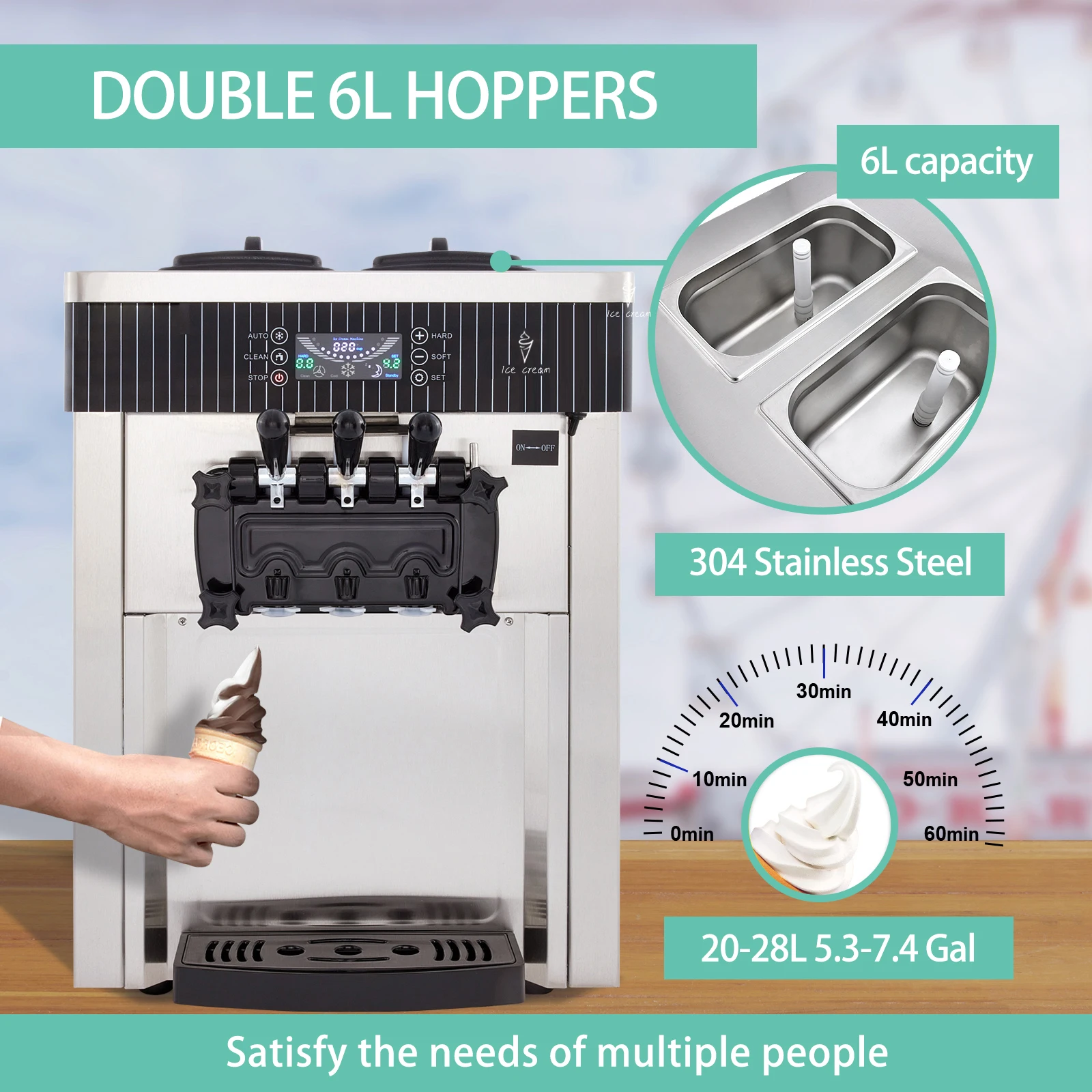 Commercial Ice Cream Machine 2028l/h Soft Serve With Led Display Auto