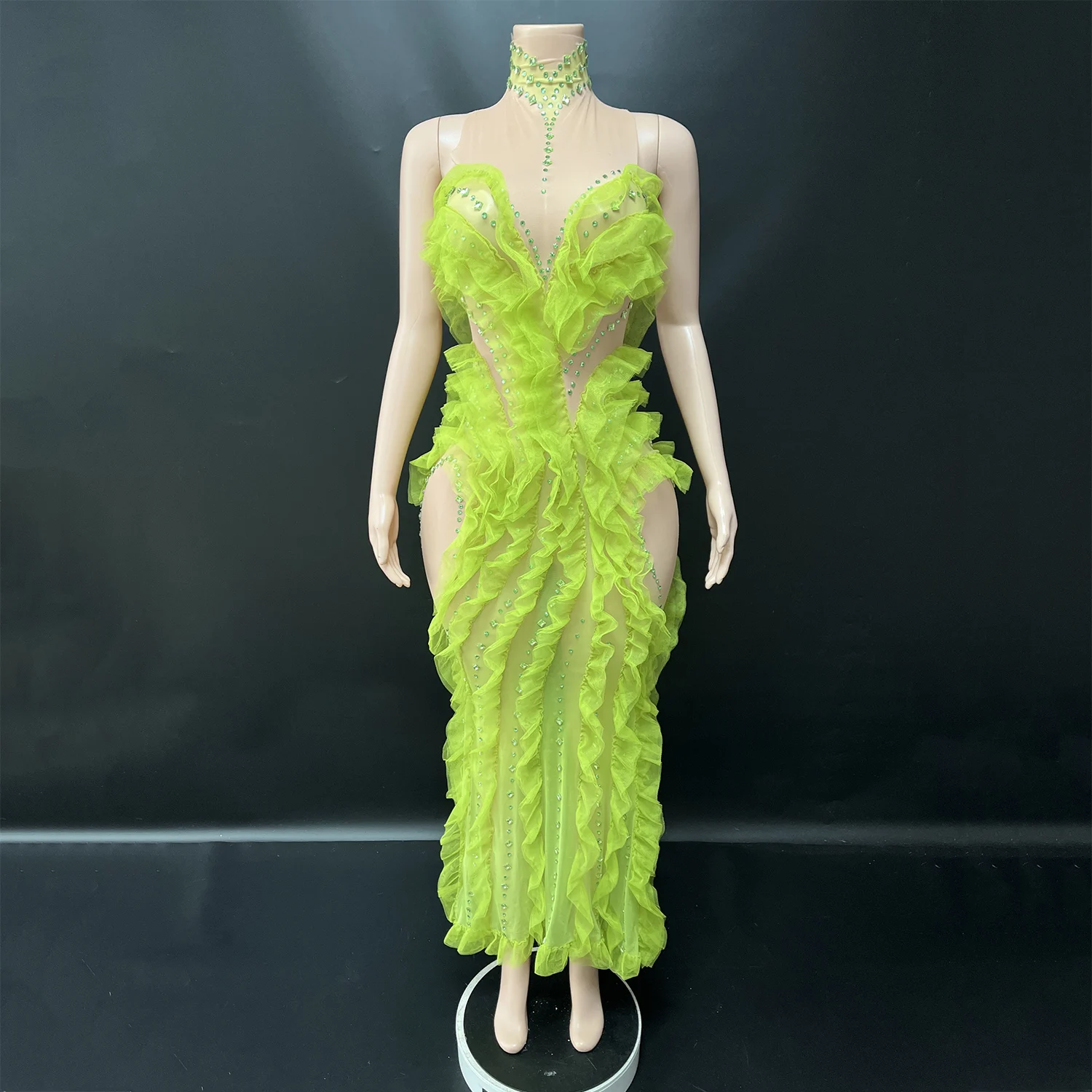 Green party dress Pleated Wave Mesh Green Long Gown Evening Dress  Rhinestone Elegant Women's Party Dresses| Alibaba.com