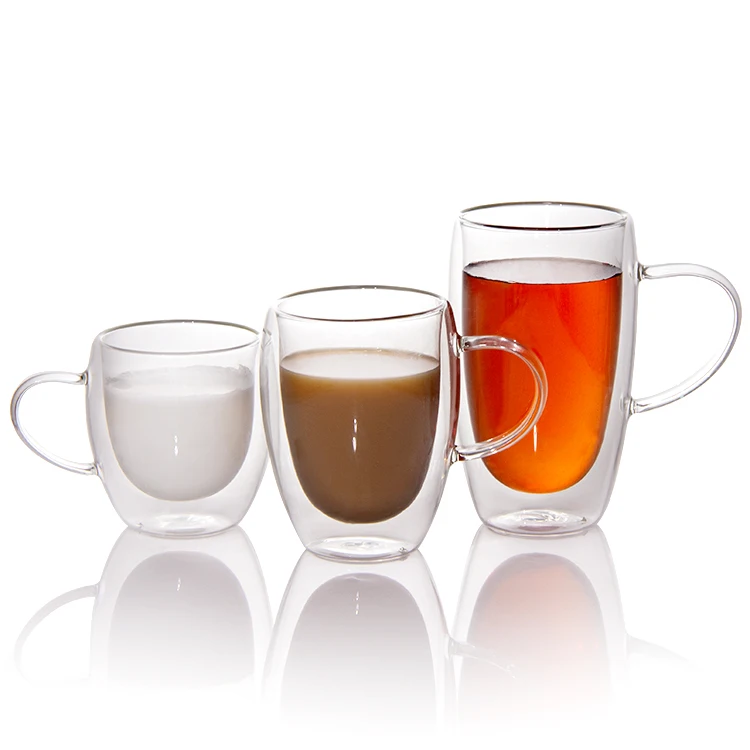 Made in China Manufacture Durable High Borosilicate Double Wall Glass  Coffee Juice Cup Glass Mug With Handles