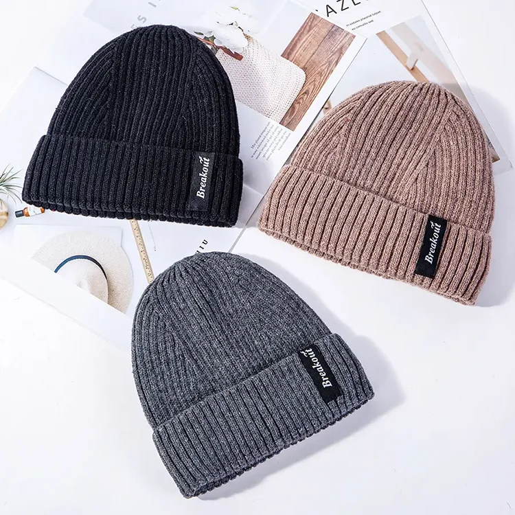 Wholesale 30%wool 70% Fiber Custom Logo Plain Knitted Beanie Hat Black ...