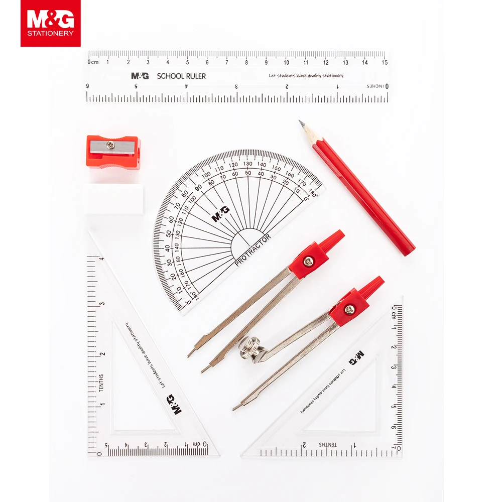 M&G Math Set Compasses Eraser Sharpener Pencil Timetable Rulers Set with Metal Box