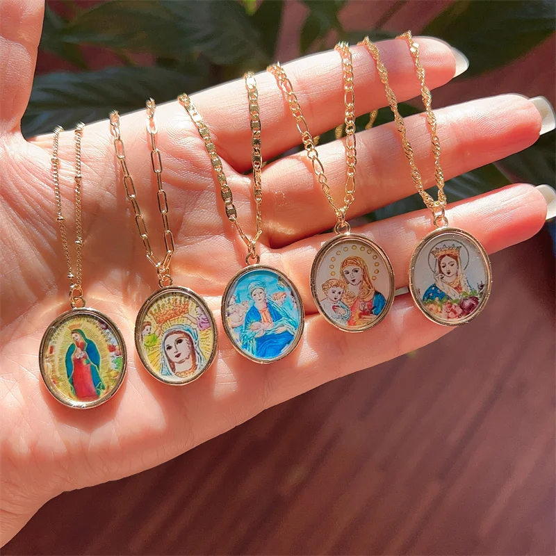 Wholesale Womens Catholic Religious 18K Gold Plated Zircon Paved Enamel Color Our Lady Virgin Mary Pendant Charm Necklace