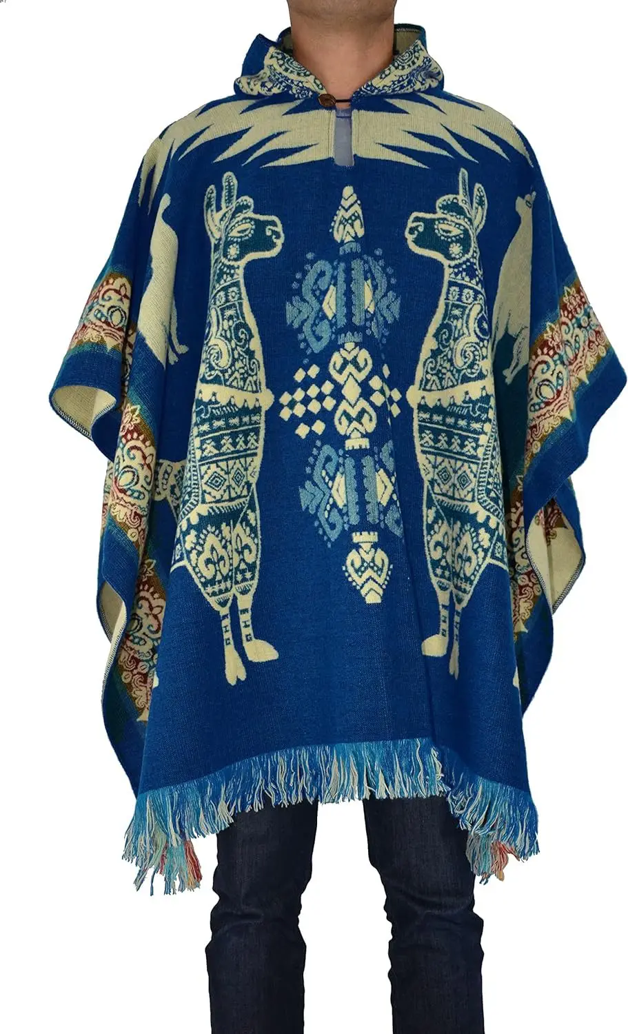 2025 Winter Mexican Men's Knitted Hoodie Poncho Southwestern Navajo Aztec Cloak Style Polyester Indigenous Design Shawl