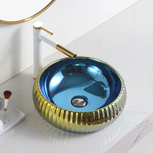 New Design Bathroom Ceramic Colorful Table Top Wash Basin Luxury Hotel Iridescent Round Bowl Sink