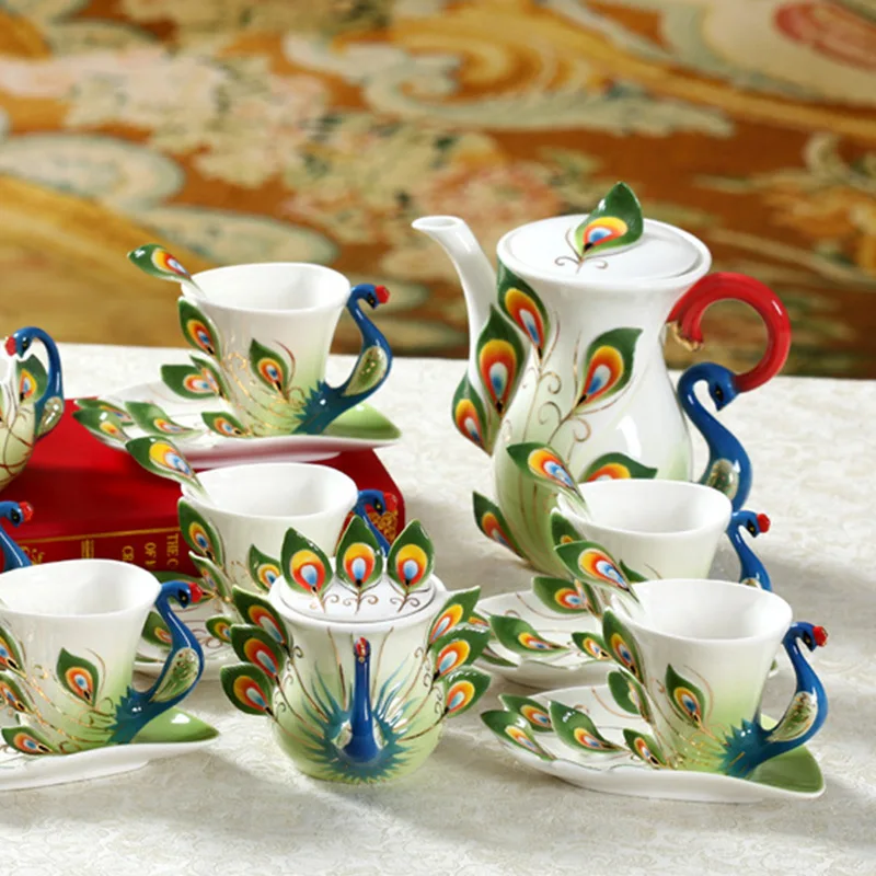 Eco Friendly Peacock Shape Teacup and Saucer Enamel  Porcelain Tea Set Ceramic Turkish Tea Sets With Teapot Porcelain