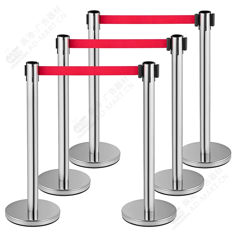 Custom Separate Post Retractable Dual Line Stanchion Belt Steel Stand With Rope Barrier Railing Stands 4-way Retractable Belt