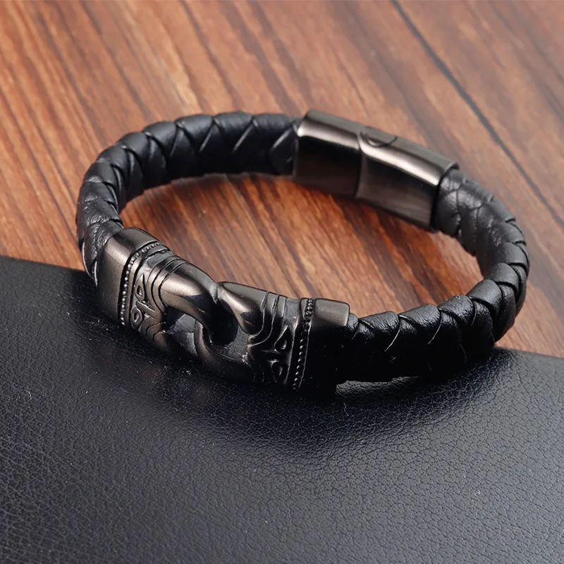 Bracelet Homme En Cuir Marron Et Noir - Fermoir Magnétique Acier Inoxydable