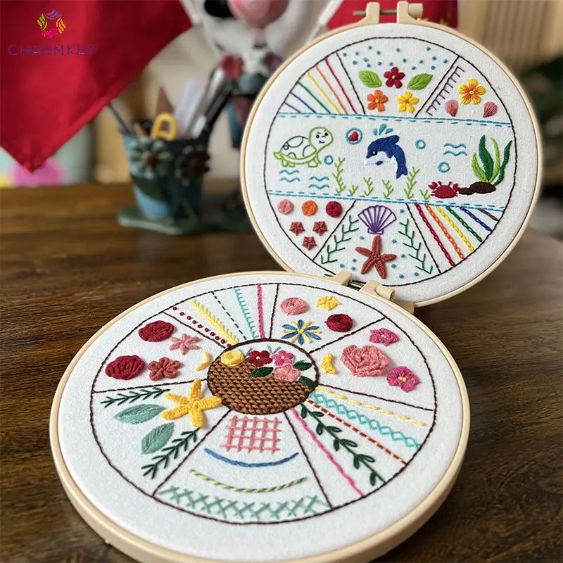 Charmkey Basic Easy Embroidery Kit Diy Needlework Cross Stich Embroidery Kit with Instructions Bag