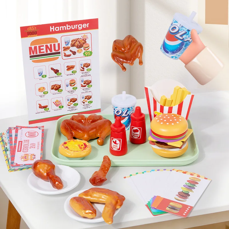 Qiaike Children Play House Kitchen Simulation Fast Food Fried Chicken Hamburger Cooking French Fries Egg Tart Set Kitchen Toy