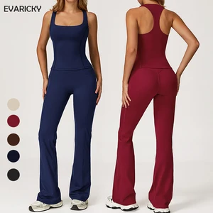 Women's Solid Breathable Gym Fitness 2-Piece Active Workout Set Square Neck Yoga Top High Waist Flare Leggings Four-Way Stretch