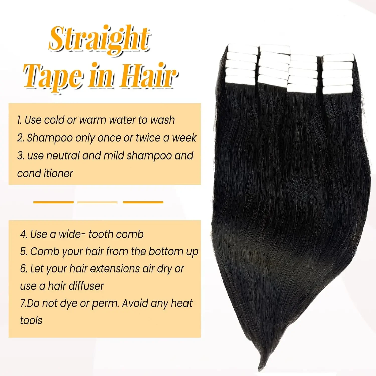 Extensiones de cabello con cinta adhesiva, cabello humano brasileño real, natural, para mujeres, color negro, 20 unidades, 50 g_voghion.com
