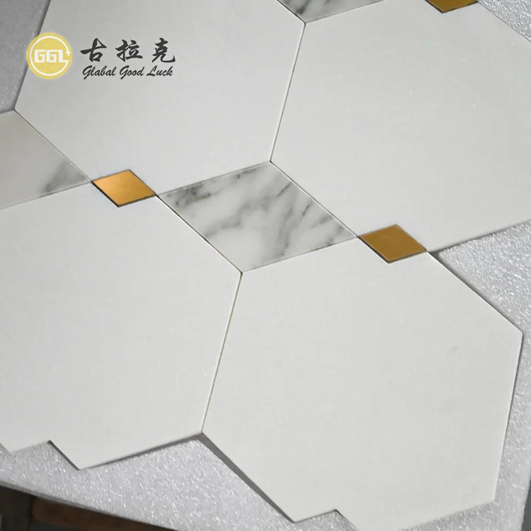 Marble Calacatta Gold Mixed Thassos White  And Brass Waterjet Polished Mosaic Tile for Bathroom Wholesale