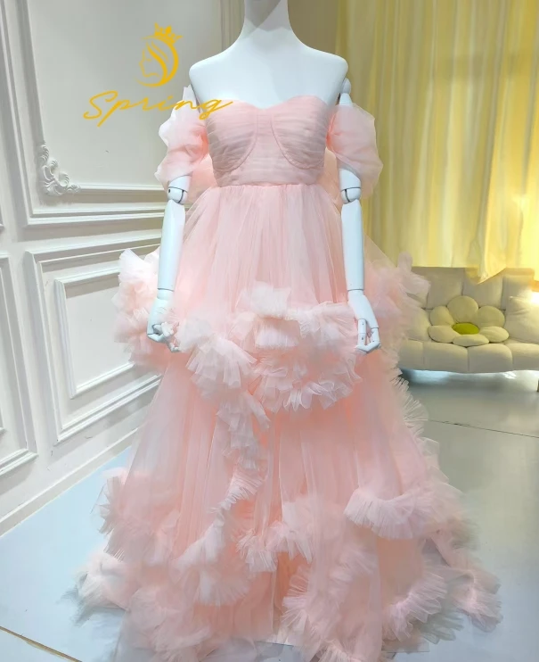 S0506n Light Pink Fluffy Shorts Pregnancy Photography Dress Nightgown Bridal Robe Tulle Maternity Gown