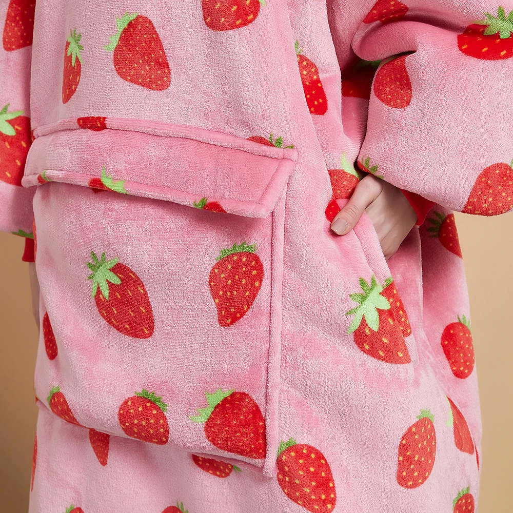 Black Strawberry Family Matching Flannel Oversize Wearable Hoodie Blanket Sweatshirt main image 0