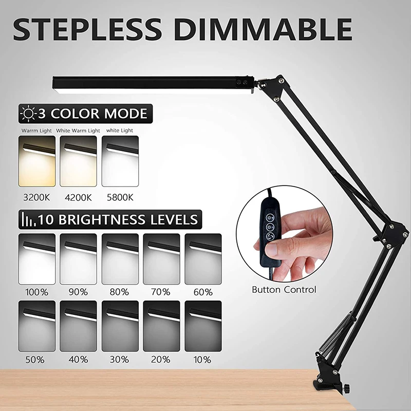 LED Desk Lamp with Clamp USB Clip-on Table Lamp Eye-Care Dimmable Reading Light Swing Arm Lamp Daylight Lamp