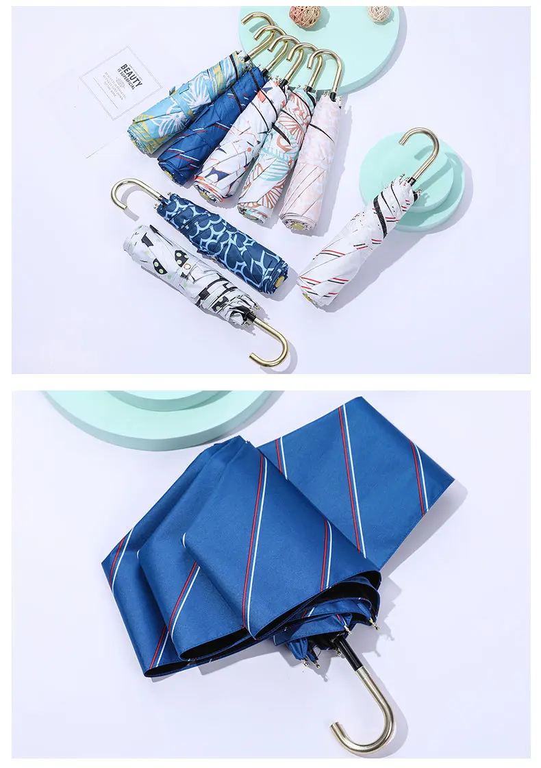 Printing 6k Three Folding Pocket Rain Ladies Sun Umbrellas Semi-Automatic J Shape Handle Umbrella