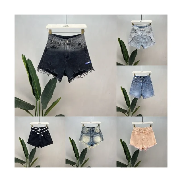 Women's Simple Denim Shorts High Waist Stretch Hem Folding Denim Shorts Hot Pants