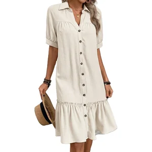 Customized Button-Up Turn Down Collar Pleated Hem Short Sleeve Midi Dress Solid Pattern Custom Designed for Summer