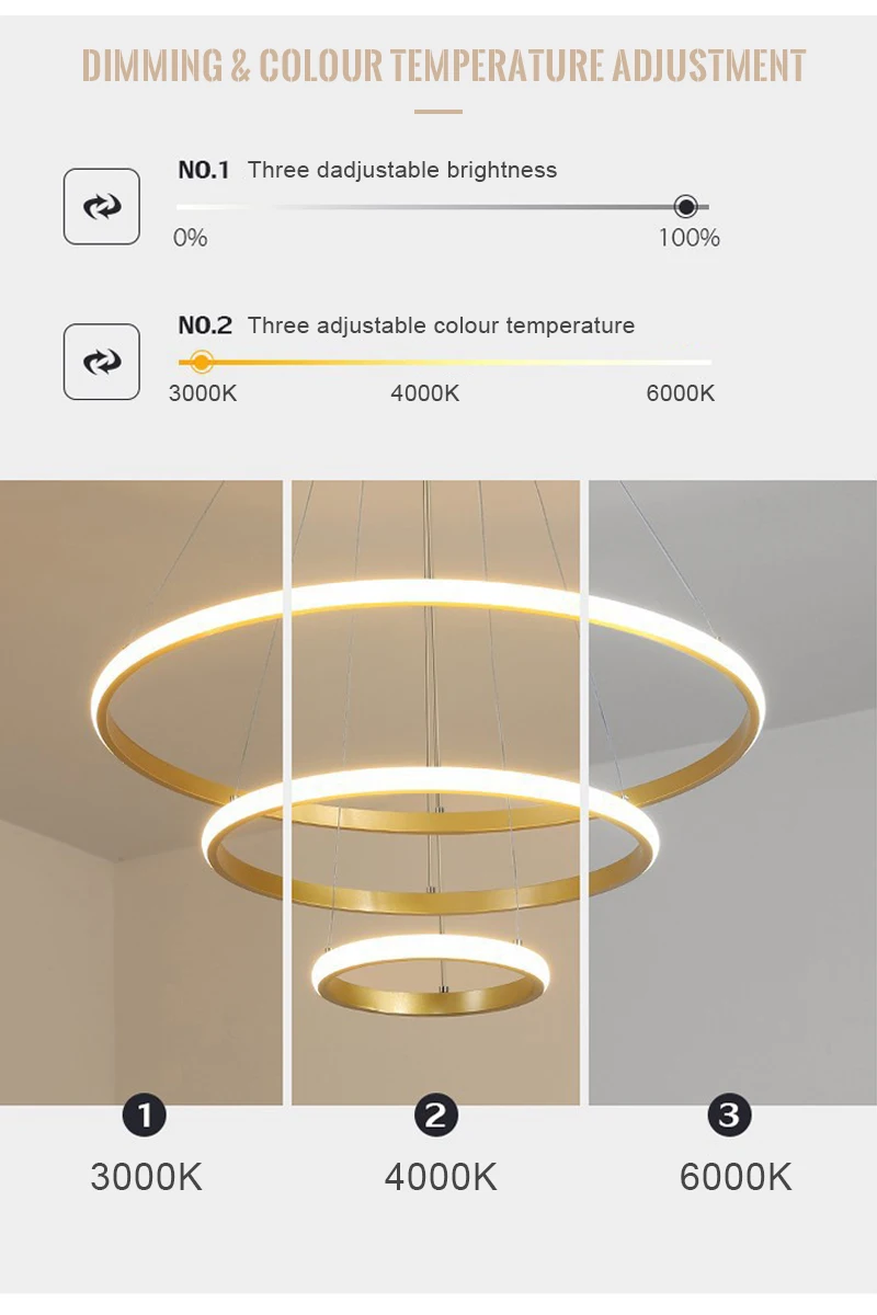 Modern circle lights bedroom led chandelier two ring black 3 ring led chandelier lamp pendant light for living dining room