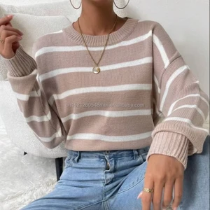 European American Women's Casual Autumn Knitted Sweater  Long-Sleeved Pullover with Striped Back Logo