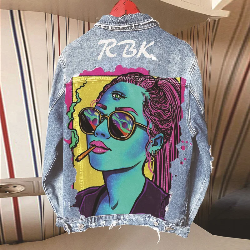 Heavy Industry Cartoon Beaded Denim Jacket for Women 2022 Autumn